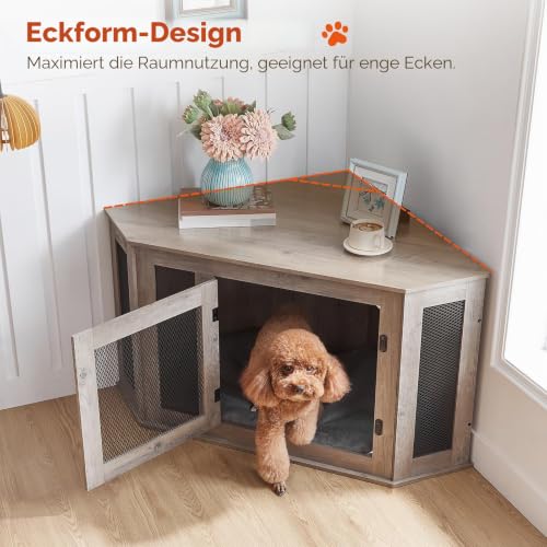 MAHANCRIS Eck Hundekäfig Möbel, Hundebox für Zuhause, im Innenbereich, 113 x 60 x 60 cm, Haustierkäfig für Kleine und Mittelgroße Hunde, Multifunktional, Vintage-Stil, Verwittertes Grau ADCHG0801