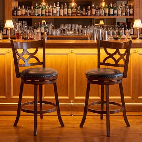 Butacos Giratorios Giantex, Set de 2 Unidades, Altura Barra 31", Asiento Tapizado, Patas de Madera de Cauchos y Reposapiés, Estilo Mid-Century para Isla de Cocina, Comedor y Pub miniatura 2