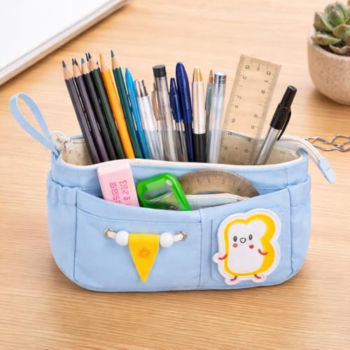 Image of Canvas School Bag Pencil Case, 3 Layer 6 Compartment Large Capacity, Aesthetic Pencil Pouch for Stationary, Cute Stationery for Kids, Pencil Case for Girls & Boys (Sky Blue)