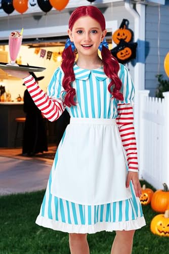 Deerose Girls Halloween Fast Food Dress with Apron Striped Puff Sleeve Dresses 3-14 Years4