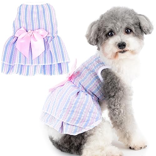 Zunea Dog Dresses for Small Dogs Girls Summer Striped Puppy Vest Skirt Princess Dress with Bow Knot Pearl Birthday Party Wedding Dress Elegant Pet Apparel for Chihuahua Doggie Yorkie Blue S