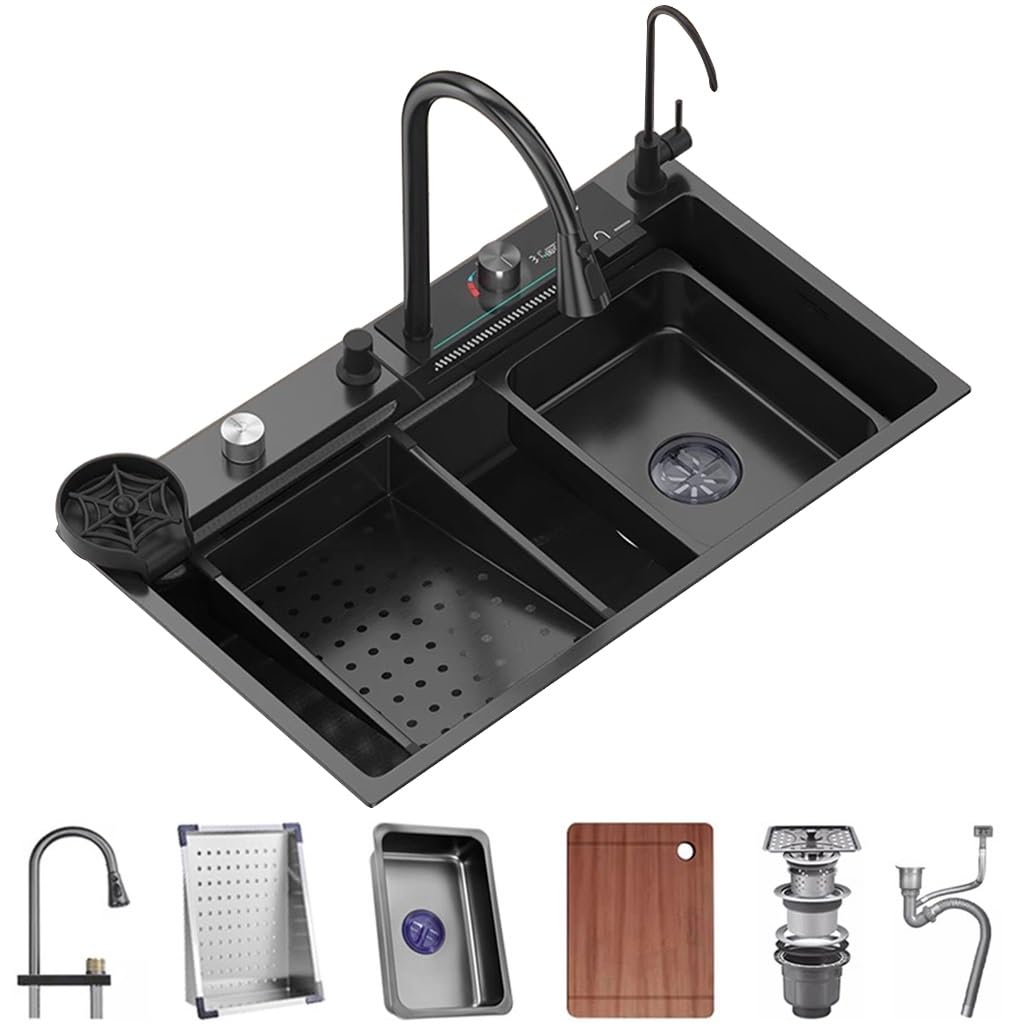 ZQFHSX Stainless Steel Waterfall Sink Multifunctional Single-Bowl Bar Prep Workstation With Pull-Out Faucet And Cup Washer Complete Accessory Set (Color : Black, Size 75x45x21cm)