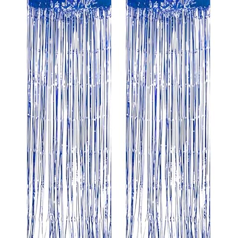 3.2Ft x 6.5Ft Blue Fringe Curtain, Metallic Tinsel Foil Fringe Streamers Curtains Background for Wedding Casino Las Vegas Game Night Birthday Party Decorations Cover