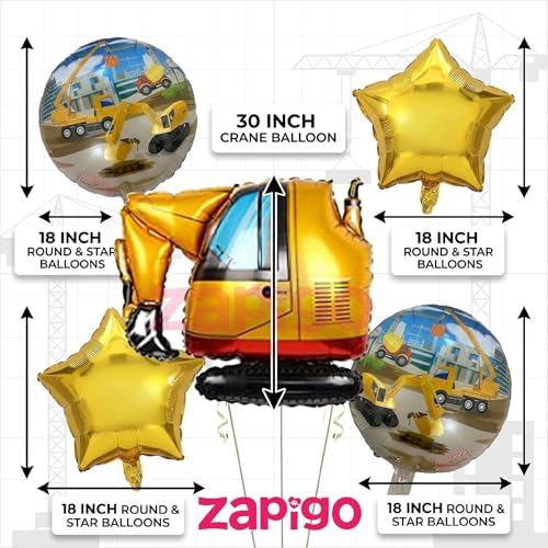 Image of Balloonistics Crane Construction Theme Birthday Balloon Bouquet | Crane & Digger Birthday Party Decoration | Construction Party Balloon Set for Boys | Pack of 9