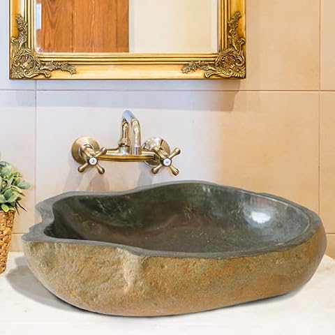 Flussstein Waschbecken - aus Naturstein, handgemacht, Unikat, rund oder oval, Grau, Größenwahl 35, 40, 50 cm - Aufsatzwaschbecken, Steinwaschbecken, Handwaschbecken, Waschschale für Bad oder Gäste WC… Cover