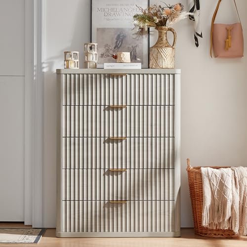 Image of LEYAOYAO Fluted 5 Drawers Dresser for Bedroom, 41 inch Tall Modern Chest of Drawers with Metal Handle, Curved Profile Farmhouse Closet Organizer Wood Dressers TV Stand for Living Room, Hallway, Lightgrey