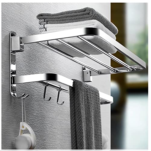XIAJIA Doble Barra de Toalla,Estante de Almacenamiento Plegable montado en la Pared con 4 Ganchos,40cm x 24cm x 19.5cm,Sus 304 Acero Inoxidable,90 Grados de rotación,Impermeable Completo (Plata)