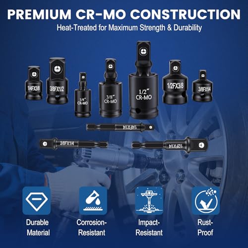 Image of Impact Socket Adapter Set, 10-Piece 1 /4 inch 3 /8 inch 1 /2 inch Drive Swivel Universal Joint Socket, Cr-Mo Steel, Drill Adapter and Reducer Set for Automotive Repair and DIY