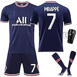 Paris Trikot,Kinder Fußballtrikot,PSG Fußball Trikot Set,2021-2022 Fußballkleidung Nr.7,Sporttraining mit T-Shirts,Shorts,Socken und Knieschoner,Fußballtrikot Set für Kinder und Jugend(S)