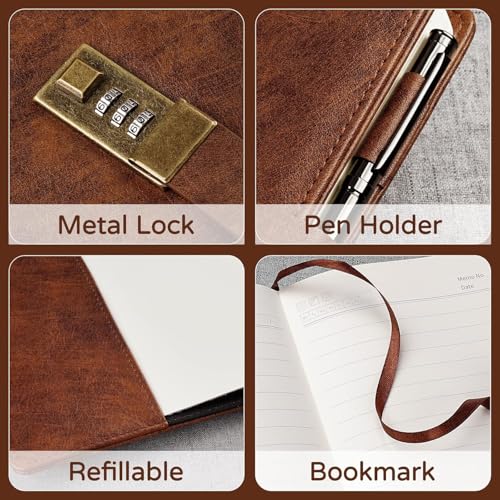 Image of Diary with Lock, A5 PU Leather Journal, 240 Pages, Vintage Lock Journal with Pen & Gift Box, Lockable Diary for Women and Men, 8.6 x 5.8 Inches, Brown