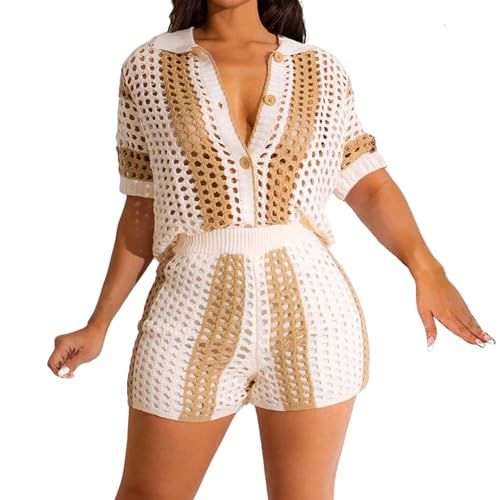 VOIKERDR Women 2 Piece Outfits Knitted Shorts Set Beach Vacation