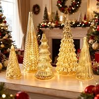 Set of 5 Illuminated Mercury Glass Christmas Trees,Christmas Decor Lighted Tree Figurine,Battery Operated Mini Silver Plate Glass Figurines with LED,Home Decor for Holiday Party,Xmas Gift