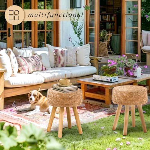 LGENHOOM Handwoven Outdoor Ottoman, Water Hyacinth Pouf Round Patio Footstool with Wood Legs, 17-Inch Multipurpose Vanity Stool, Dining Chair, Patio Footrest for Balcony and Garden, Natural - Thumbnail 6