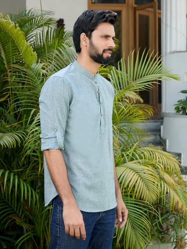 Image of See Designs Men's Roll-Up Sleeve Mandarin Collar Deluxe Cotton Solid Short Kurta (Pack of 2) - Festive Collection