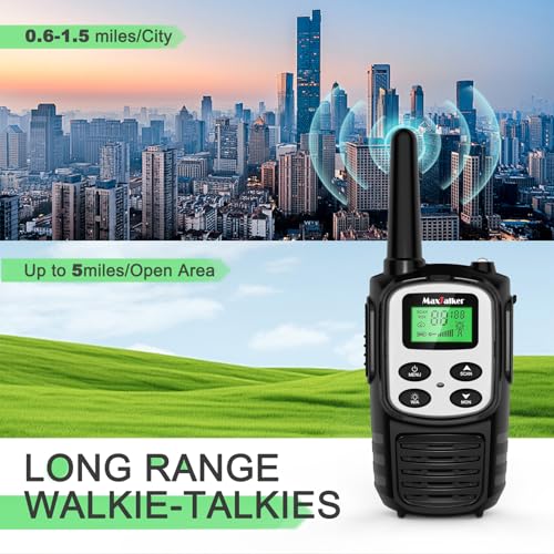 Image of MaxTalker Walkie Talkies Long Range, FRS Two Way Radio (2-Pack, White) | Rechargeable 1200mAh USB-C walkie talkie with NOAA, LED flashlight & VOX, Ideal for hiking, camping
