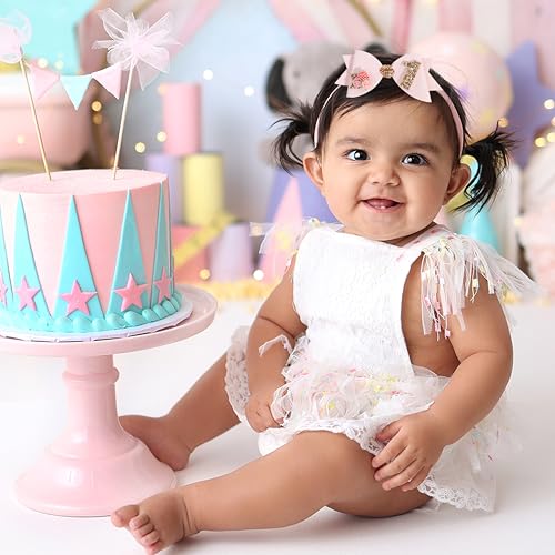 Birthday Girl bow for Baby Girls - 1st Birthday Pink Bow Headdress,Gold Glitter Birthday Bow Headband Flowers,Photo Props3