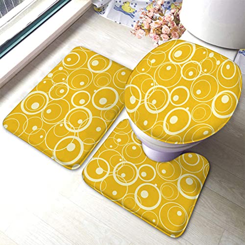 Badezimmerteppich-Set, 3-teilig, Monotone Geometrie aus Kreisen und Punkten mit gelbem Hintergrund, waschbarer Badvorleger, rutschfest, mit Rückenpolster, Konturteppich und Toilettendeckelbezug