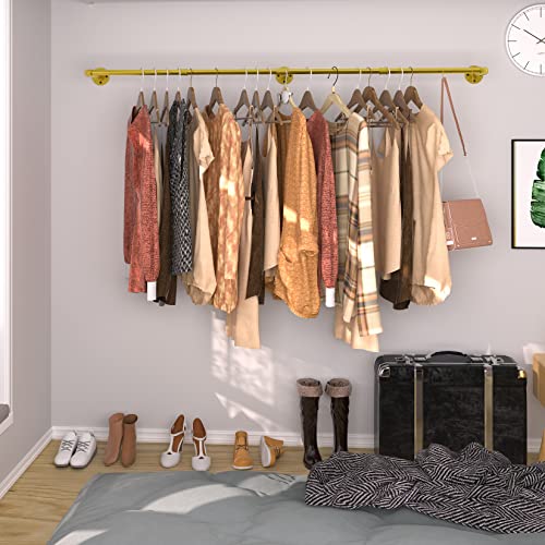 unho Kleiderstange zur Wandmontage, Industrieller Stil Rohr-Kleidergestell an der Wand befestigte, Wandgarderoben für Schlafzimmer Wohnzimmer(3 Basen), Gold