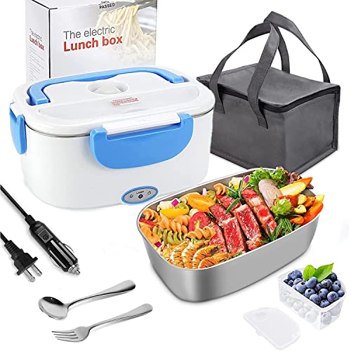 Hyaugx Electric Lunch Box Food Warmer 80W Quick Heater For Adult 1.5L Portable Lunchbox 3-In-1 Self Heating Box With Removable Ss Container/Spoon/Fork/Insulation Bag/Seal Ring ‎Blue #TOP1