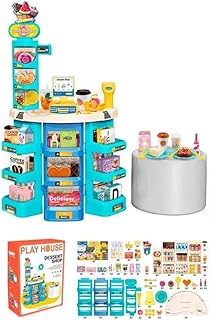 بيت لعب متجر حلويات للاطفال من 62 قطعة - مجموعة سوبر ماركت للايس كريم والمخبوزات مع ماسح ضوئي ومسجل وملحقات طعام