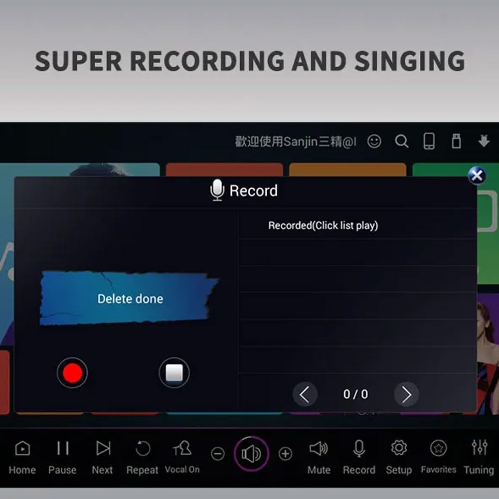 Sistema de karaoke con pantalla táctil, micrófono inalámbrico, control de voz AI y soporte multilingüe para entretenimiento en casa y fiestas