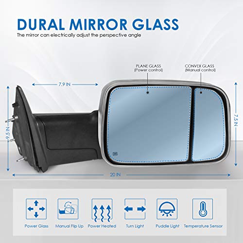 Mostplus Power Heated Towing Mirrors Compatible For 2009-2018 Ram 1500 2500 3500/ 2019-2023 Ram 1500 Classic Pickup Led Signal Puddle Lights Pair W/ Ambient Temperature Sensor (Chrome) #TOP1