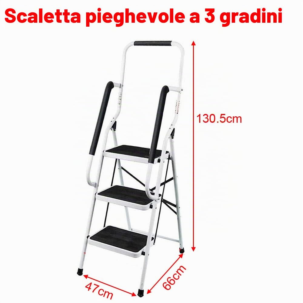 Scaletta pieghevole a 3 gradini, gradini pieghevoli in acciaio con corrimano, scaletta domestica antiscivolo, scala stabile, scala pieghevole, sgabello pieghevole per casa e cucina, portata fino a 150