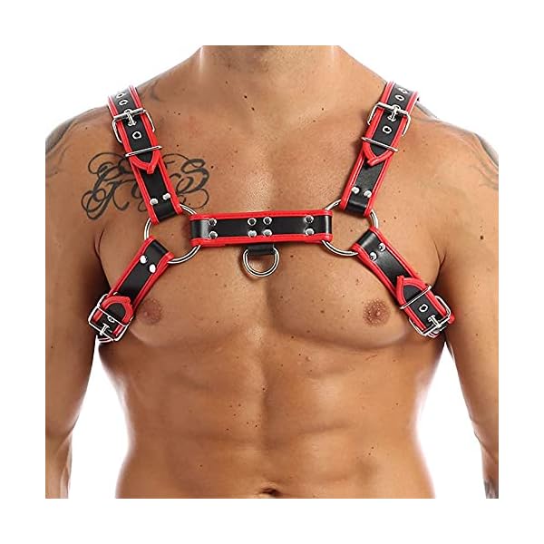 ZUYPSK Herren Verstellbarer PU Leder Body Brust Harness Punk Gothic Sklave Bandage Kostüme Party Klub Outfits (Rot… – Bild 4