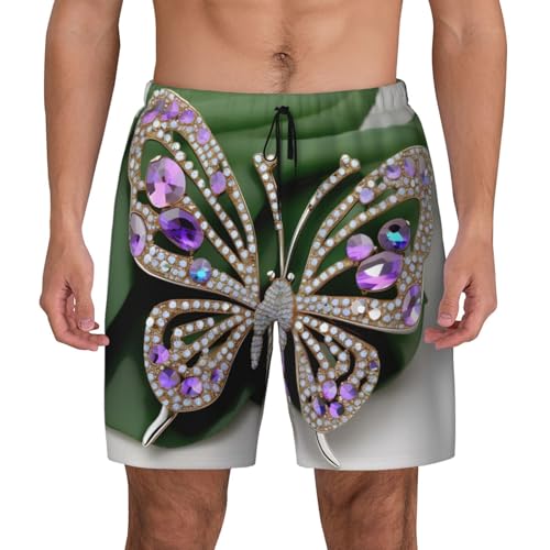 Rhinestone Butterfly Built-in Compression Lining Men's Double Swim Trunks Shorts Beach Shorts with Two Pockets