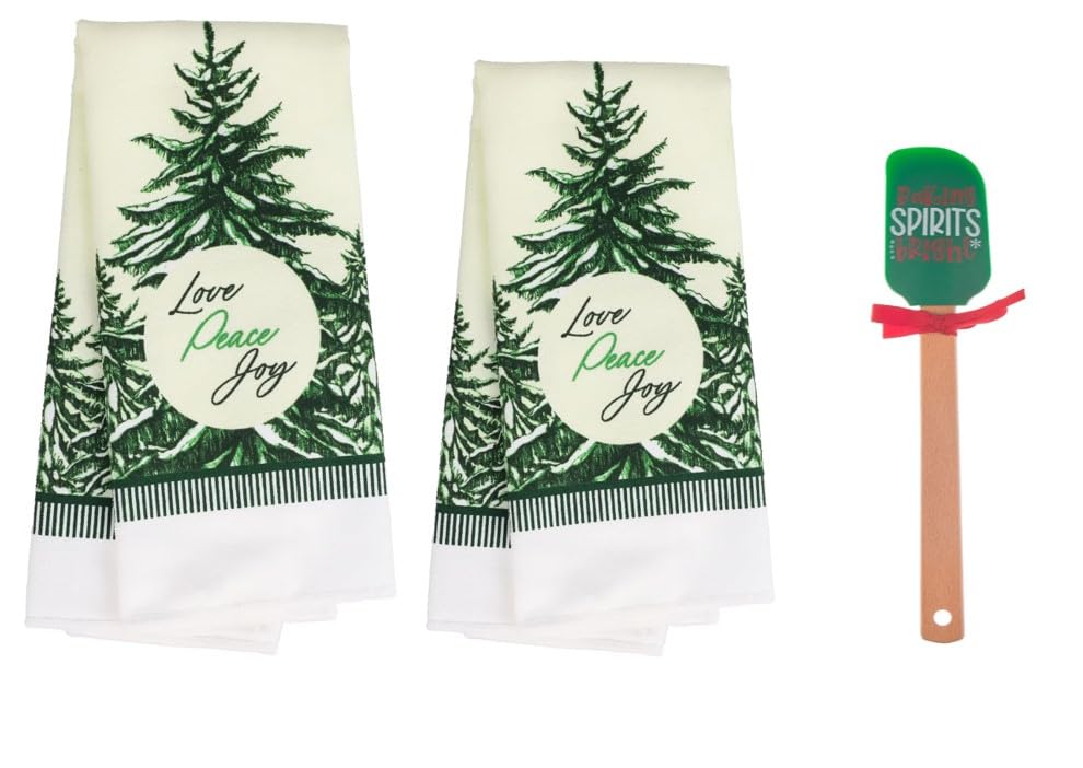 Winter Trees Love, Peace, Joy Christmas Kitchen Towels & Christmas Spatula with Ribbon – Festive Holiday Kitchen Set