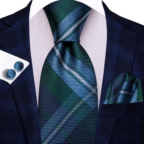 Image of Dubulle Mens Paisley Striped Tie and Handkerchief Cufflinks Tie Set for Men Wedding Business Formal,Blue Green