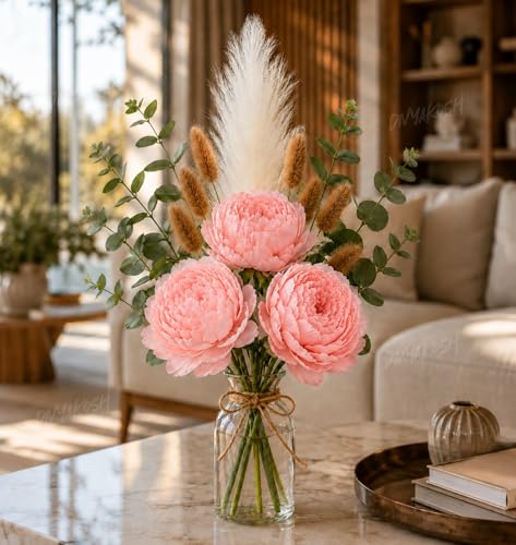 Image of Divyakosh Artificial Flowers for Vase (Vase Not Included) Light Pink Peony Bouquet with Eucalyptus, Bunny Tails & Pampas Grass for Living Room, Table Centerpiece, Home Decor