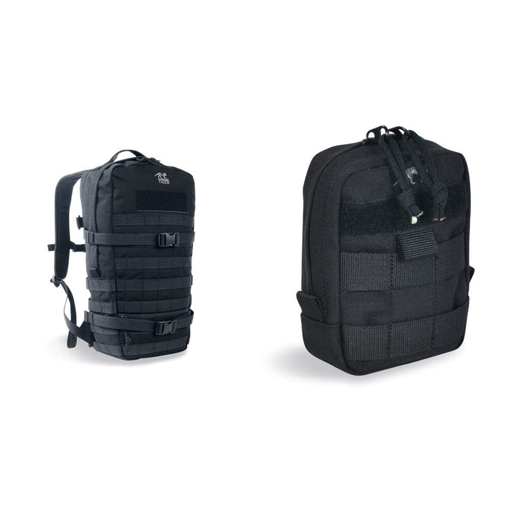 Tasmanian Tiger TT Essential Pack L MKII Molle Kompatibler 15L Daypack Outdoor Rucksack (Schwarz) & TT Tac Pouch 1 EDC Rucksack-Zusatztasche mit Molle-System und Patch-Fläche, 15 x 10 x 4, Schwarz