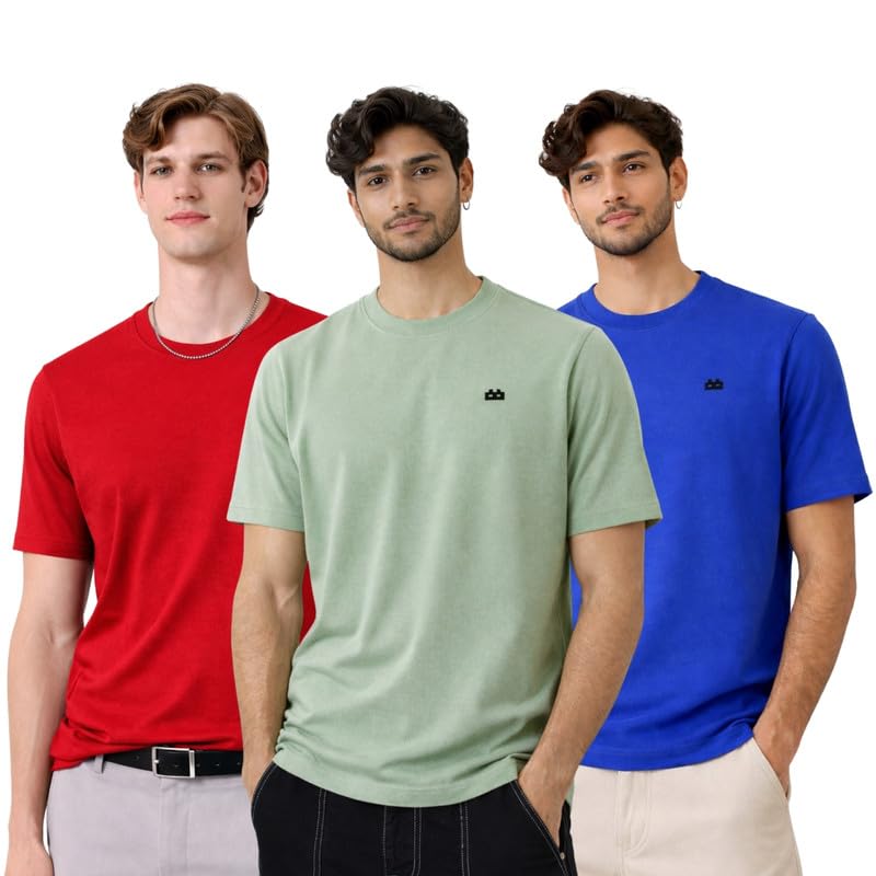 Image of Men 100% Cotton Regular Fit Round Neck Half Sleeve Solid T-Shirt Combo Pack of 3 | 180 GSM Double Bio-Washed | Breathable Soft Touch Everyday Wear | Maroon + Royal Blue Accent