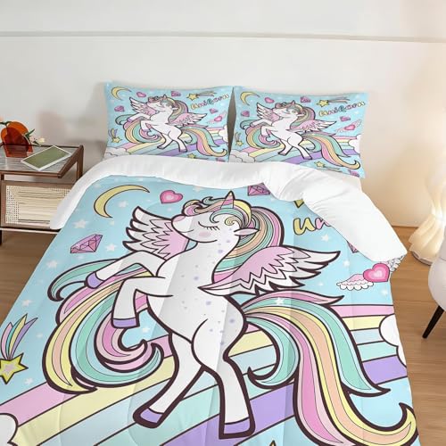 Image of Rainbow Unicorn Comforter Set Full Size Blue Unicorn Kids Bedding Sets for Girls Boys Teens Bedroom Decor Kawaii Cartoon Quilt 1 Comforter 2 Pillowcases