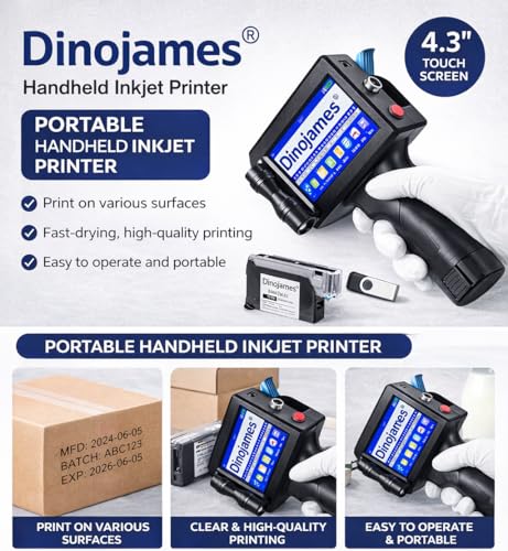 Image of dinojames Handheld Inkjet Printer, 4.3 inch Touch Screen, 600 DPI, Portable Batch Coding Machine for Date, MRP, Expiry, Barcode, QR Code Printing Size-12.7mm