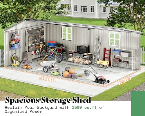 VanAcc 12x20x7.2 FT Outdoor Storage Shed with 2 Transparent Panels, Metal Garden Shed with Hinged Double Doors, Windows & Vents, Reinforced Steel Frame for Backyard Garden, DIY Workshop, Dark Gray - Image 3