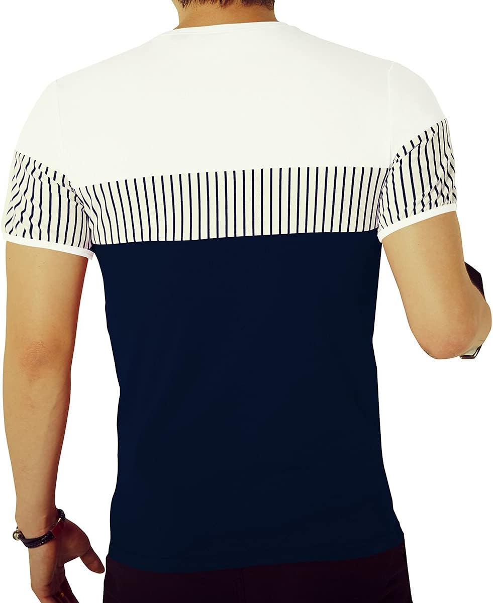 Men's Strip Casual Slim fit Cotton T-Shirt Short Sleeve Crewneck Tee Shirts for Boy Small Blue
