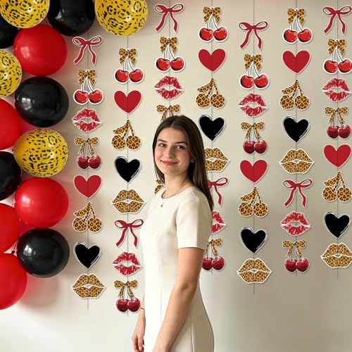 Image of Cheetah Cherry Birthday Party Decorations 8PCS Leopard Hanging Banner Decor Red and Black Cheetah Cherry Print Pattern Card Banner Safari Animal Birthday Party Decorations Sulpplies