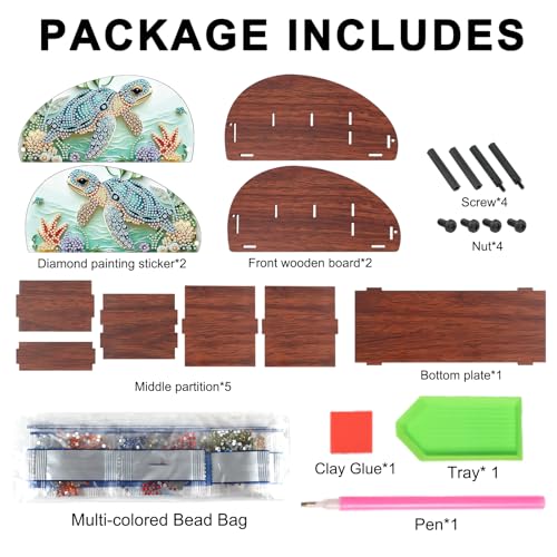 Image of DIY Diamond Painting Storage Box, Sea Turtle Design 5D Rhinestone Diamond Art Case Multi-Compartment Wooden Tabletop Organizer for TV AC Remotes Makeup Brushes Pens Desktop Craft Storage