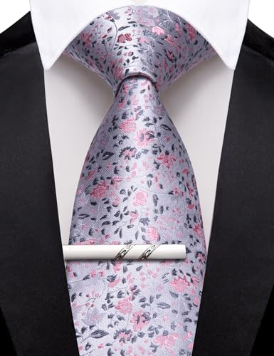 Image of Barry.Wang Floral Ties for Men Flower Necktie with Tie Clip Formal