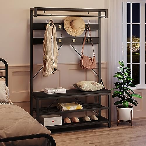 IDEALHOUSE Coat Rack Shoe Bench Industrial Hall Tree Storage Bench for Entryway, Wood Look Accent Large Shoe Rack with Storage Shelf Hanging Bar and 8 Hooks Black 39.9"x15.7"x72"