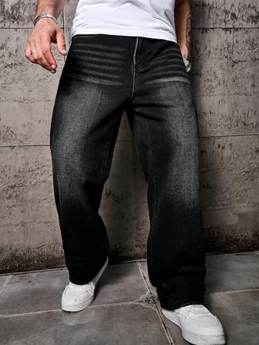 Image of AVANOVA Men's Baggy Fit Jeans- Solid Washed Denim Straight Wide-Leg | Streetwear Casual Dailywear Pants for Men | Trendy Loose-Fit Mid-Waist Denim Trousers (Jeans 247)