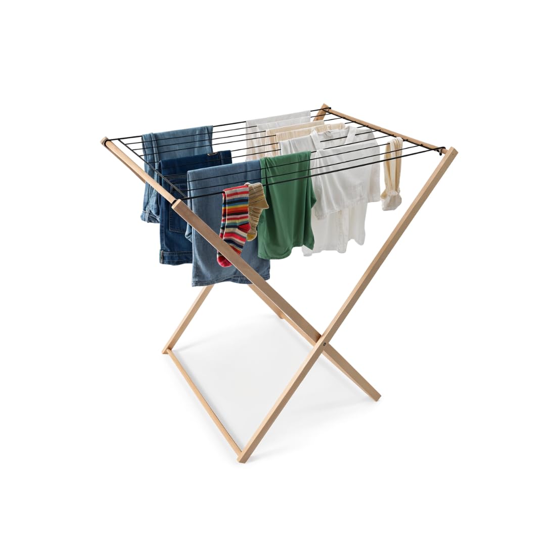 Premium Wäscheständer platzsparend, 8 m Aufhängungsfläche, Wäscheständer mit faltbarer Metallgitter, Größe 92x67x92 cm, Wäscheständer aus Buchenholz, hergestellt in Italien