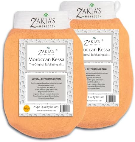 Original Kessa Exfoliating Glove -Value Pack (2pcs) -Beige - Microdermabrasion At Home Exfoliating Mitts, Removes unwanted dead skin, dirt and grime and Keratosis Pilaris. Great for spray tan removal