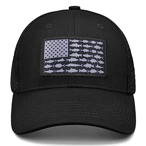American Fish Flag Trucker Hats - Fishing Gifts For Men - Outdoor Snapback Fishing Hats Perfect For Camping And Daily Use (01.Black-Sliver Fish, Osfm) #TOP2