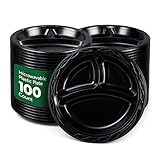 RW Base 10.4 Inch Microwavable Food Plates, 100 Round Plastic Plates - 3 Compartments, Disposable, Black Plastic Dinner Plates, Serve Hot And Cold Foods, For Restaurants And Cafes - Restaurantware