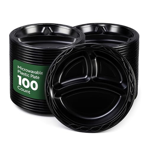 RW Base 10.4 Inch Microwavable Food Plates, 100 Round Plastic Plates - 3 Compartments, Disposable, Black Plastic Dinner Plates, Serve Hot And Cold Foods, For Restaurants And Cafes - Restaurantware RW Base 10.4 Inch Microwavable Food Plates, 100 Round Plastic Plates - 3 Compartments, Disposable, Black Plastic Dinner Plates, Serve Hot And Cold Foods, For Restaurants And Cafes - Restaurantware