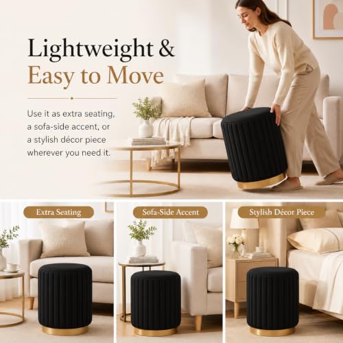 Image of Designer Velvet Round Footstool Ottoman with Sturdy Gold Metal Band Base for Home Decor & Extra Seating, Lightweight Pouf Stool for Sofa Side & Bedroom, 16x16x17 Inch (Black)