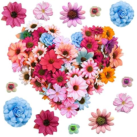 BeautyChen 250 Pcs Faux Flower Heads Flower Mini Silk Heads Fake Rose Sunflower Daisy Faux Flowers for Crafts,Assorted Artificial Flowers for Wedding Party Wreath Cake Vase Decorations Cover